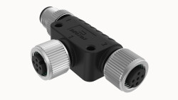 M12 B-KOD 5 PİN T DAĞITIM KONNEKTÖRÜ M12 5 PİN GİRİŞ BAĞLANTI UCU DİŞİ, M12 5 PİN ÇIKIŞ 1 BAĞLANTI UCU ERKEK, M12 5 PİN ÇIKIŞ 2 BAĞLANTI UCU DİŞİ OLVO